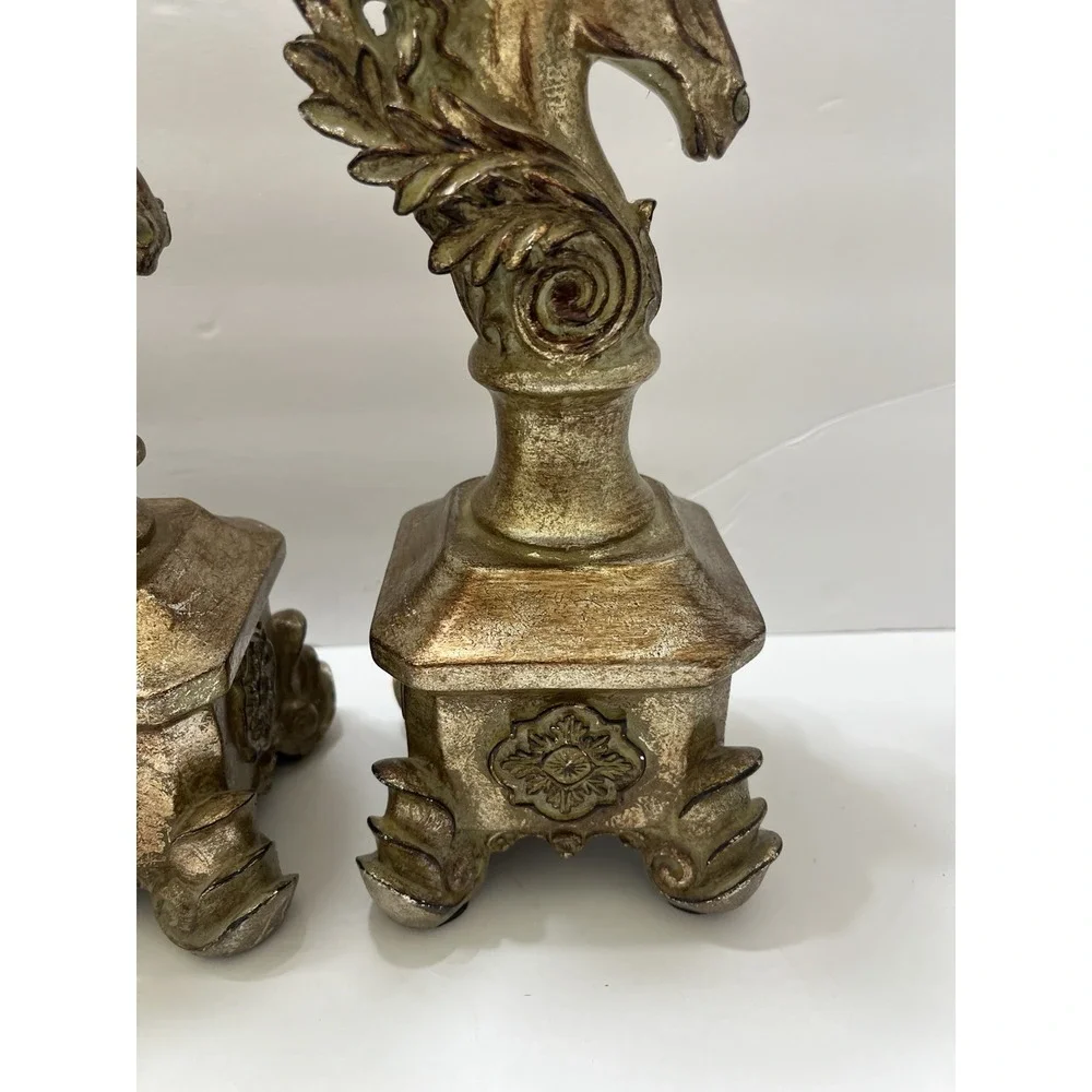 Antique-Style Candle Holders Gold-Gilt Horse Head Bust Pedestal Base Set Of 3